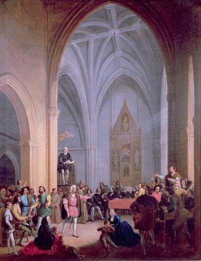 The letter of the Catholic Kings ordering the inhabitants of Palos to supply two ships for Christopher Columbus is read from the pulpit of the Church of S. Jorge on May 23, 1492 by Antonio Cabral Bejarano